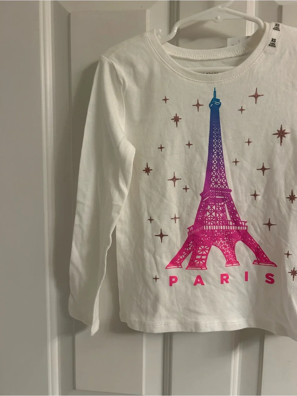 NWT-The Children's Place White Long-Sleeve Tee with Pink-to-Blue Eiffel Tower